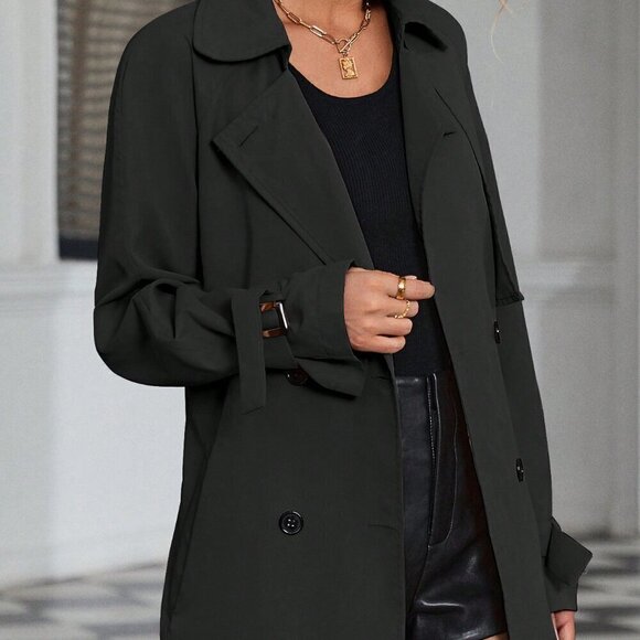 Black Casual Women's Raglan Sleeve Double Breasted Belted Trench Coat - Picture 3 of 4